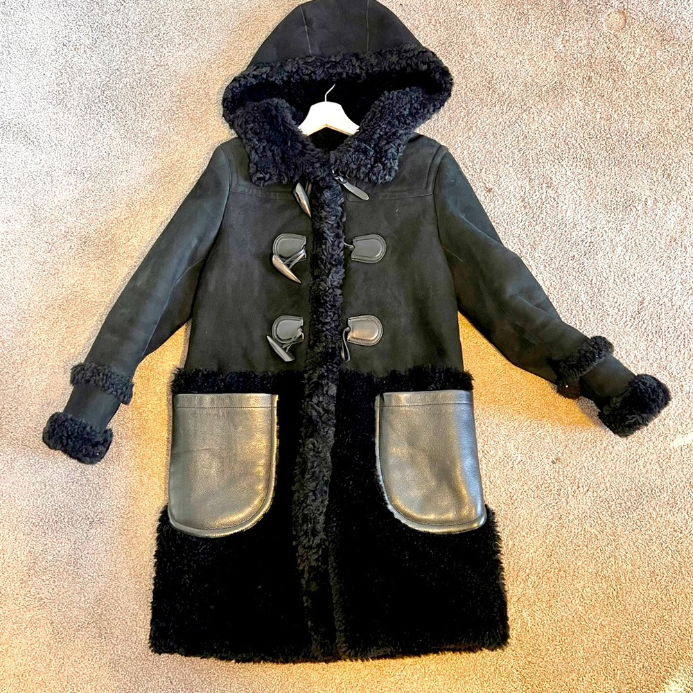COACH Black Duffle Shearling Coat w/ Hood